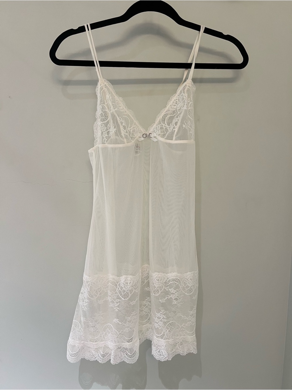 Sheer Lace-Trim White Chemise with Double Spaghetti Straps